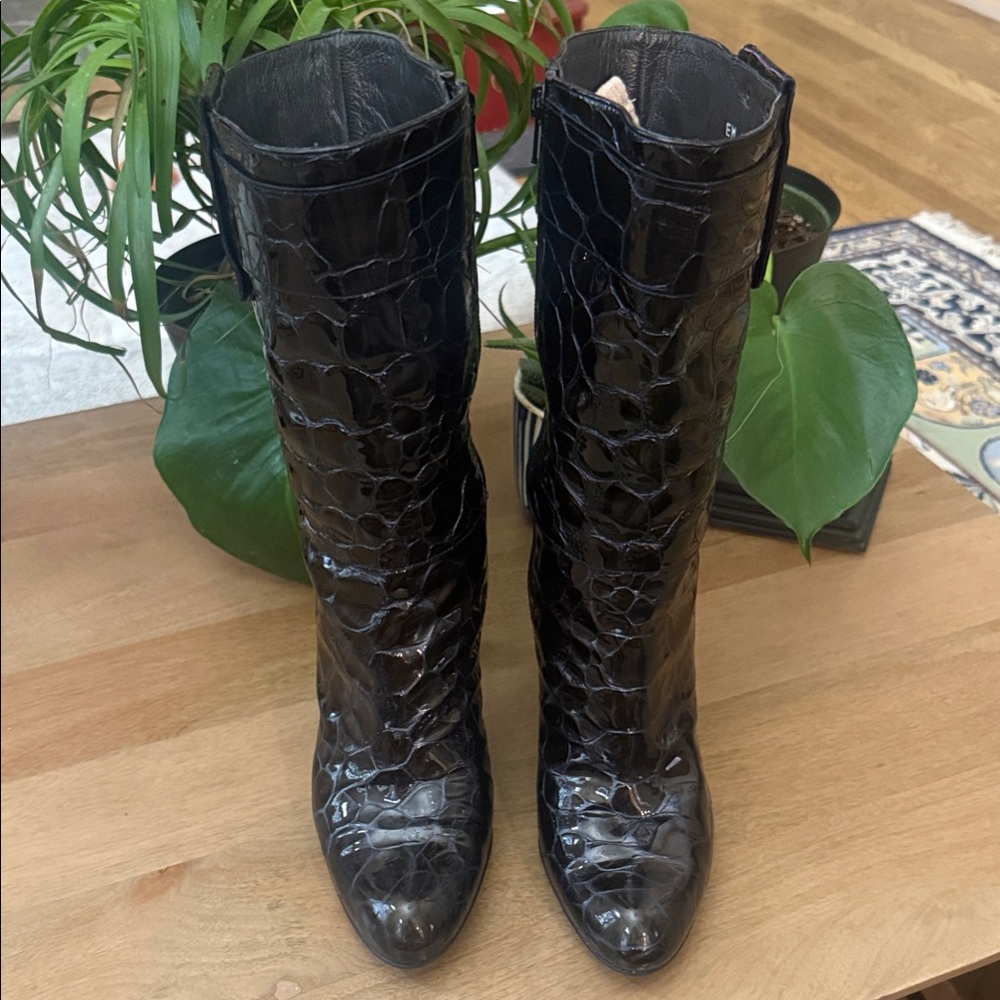 Stuart Weitzman Black Patent Croc-Embossed High Heel Boots - Picture 7 of 8